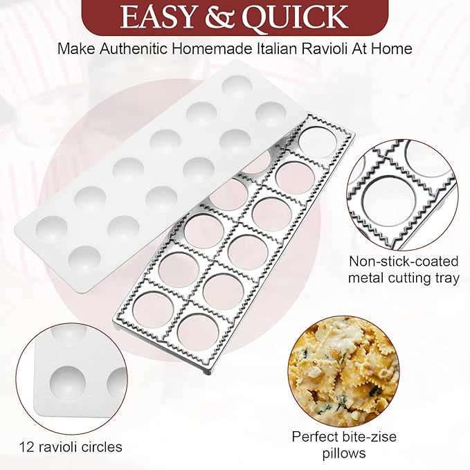 Gerrii 2 Sets Ravioli Mold Extra Large Ravioli Maker Press 12 Holes 1.5 Inch Round Russian Dumplings Making Kit Square Double Dumplings Cutter Pastry Wheel Cutter Pasta Tools for Kitchen