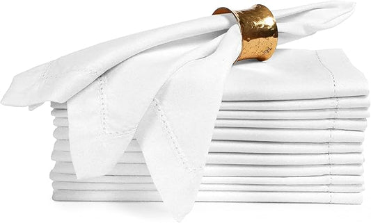 Ramanta Home Set of 12 Polyester Cloth Napkins 20x20 Inches - Hemstitched Washable Dinner Napkins for Weddings, Thanksgiving, Hotel - Soft Durable Table Linen for Parties or Everyday Use - White