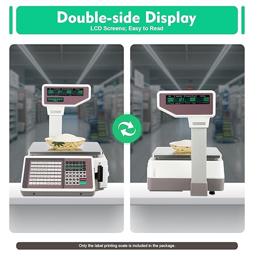 Label Printing Scale with Dual TD Thermal Label & Receipt Printer, 110-220V Electronic Price Computing Scale Pole Display, 66LBS Commercial Barcode Scale for Retail Outlet Store Food Meat Shop