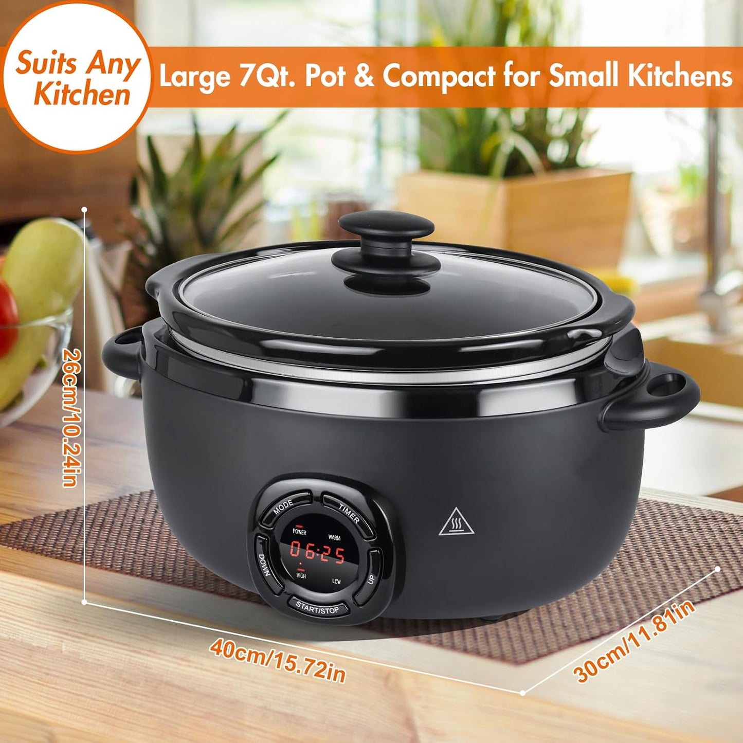 7-Quart Programmable Slow Cooker with Nonstick Removable Ceramic Pot, 3 Temp Settings, Dishwasher Safe