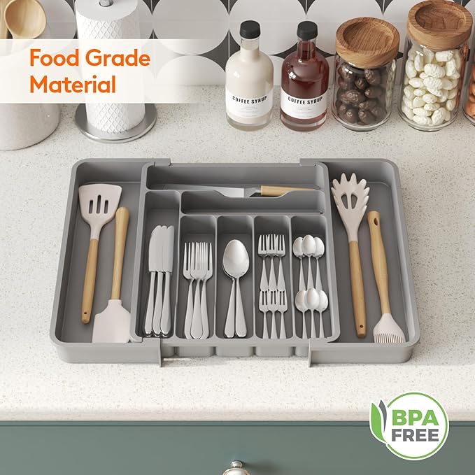 Lifewit Silverware Drawer Organizer, Expandable Utensil Organizer for Kitchen Drawers, Adjustable Cutlery and Flatware Tray, Plastic Spoons Forks Knives Holder Storage Dividers, Medium, Gray
