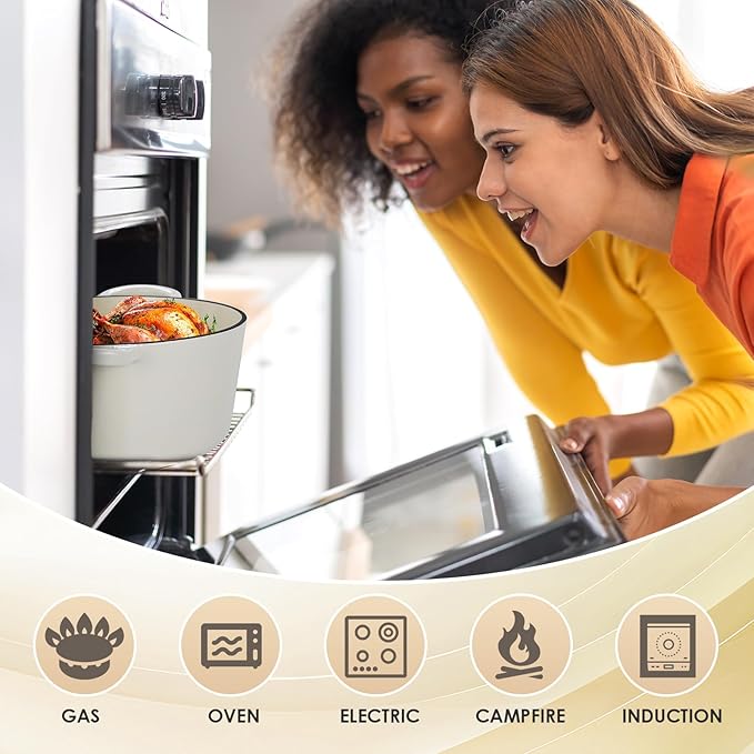 LIFERUN 6 Qt Enameled Cast Iron Dutch Oven Pot with Lid，Oven Safe up to 500° F, Heavy-Duty Non-Stick Dutch Oven with Dual Handles for Bread Baking, Fry Foods, Braising, Stews, Roasting (White)