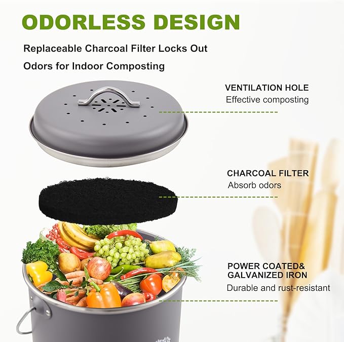 Kitchen Countertop Compost Bin, Odor Resistant Indoor Compost Bin with Lid and Charcoal Filter, Rust Resistant Coated Compost Bucket, Compost Container, Gray