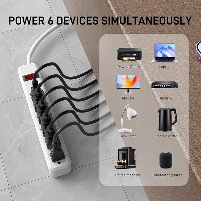 2-Pack Wall-Mountable Power Strip with 6 Outlets, Overload Protection Switch, 14 Gauge 1.5FT Cord, ETL Listed, Slim Design for Narrow Spaces, 15A/125V/1875W, Ideal for Home, Office, Kitchen, Travel