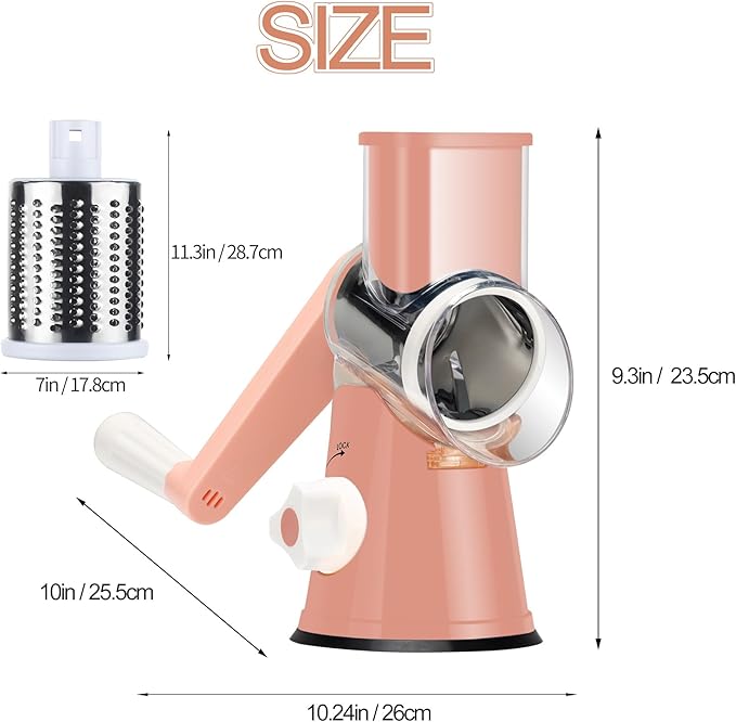 Ourokhome Rotary Cheese Grater Hand Crank, Kitchen Shredder Speed Mandolin Slicer Nuts Grinder with Handle and Drum Blades for Cheese, Vegetable, Walnuts, Chocolate, Potato, Carrot, 3 Blades, Pink