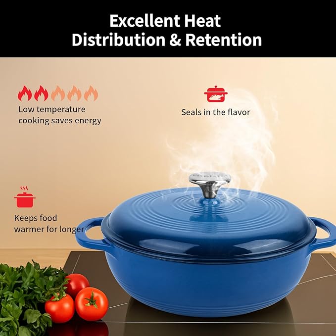 Enameled Cast Iron Dutch Oven Pot with Lid, 3 Quart Shallow Dutch Oven, Oven Safe up to 500° F, Suitable for Bread Baking, Braising, Roasting, Stews, Blue