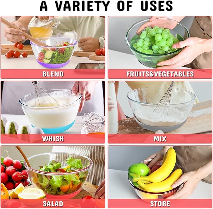 Glass Mixing Bowls Set of 3 with BPA-Free Airtight Lids, Large Nesting Bowls with Non-Slip Silicone Base, Ideal for Food Storage, Dishwasher & Microwave Safe, 2, 1, 0.5 QT Purple Blue Red