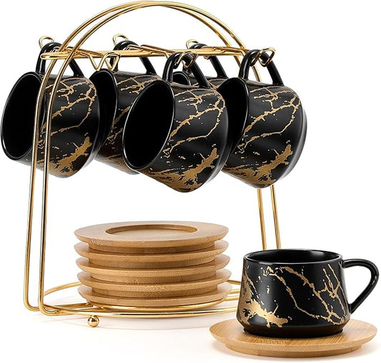 LUKA Ceramic Espresso Cups with Saucers and Metal Stand, Small 4 oz Porcelain Demitasse Cups Set of 6, Cute Cappuccino Coffee Cups for Double Espresso, Tea, Marbling Black