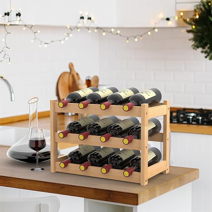 3 Tier Bamboo Wine Rack for Countertop, 12 Bottles Wine Storage Shelf for Kitchen Pantry Cabinet