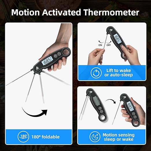 Aurasky Instant-Read Meat Thermometer Digital for Cooking and Grilling, Waterproof Food Thermometer with Backlight, Calibration & Hold Function for Kitchen, BBQ, Deep Fry, Candy, Liquid (Black)