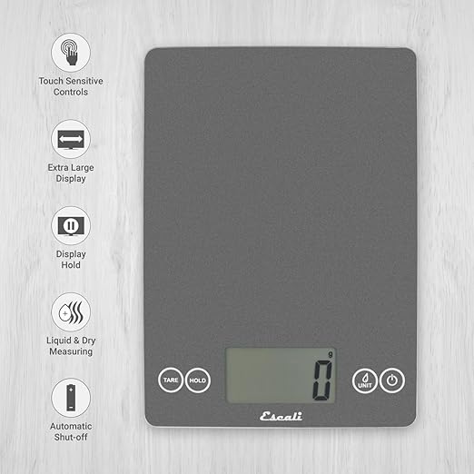 Escali Arti Glass Food Scale Digital Countertop Kitchen, Baking and Cooking Scale with Nutrition and Calorie Counter, 15-Pound Capacity, 9" x 6.5" x .75", Gray Storm