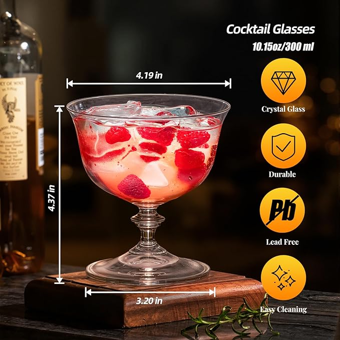 KAMMAK Cocktail Glasses Set of 2, 10oz Crystal Dessert Glass with Short Stem, Classic Glassware for Ice Cream, Mixed Drinks, Modern Bar Drinkware for Party, Beach, Anniversary