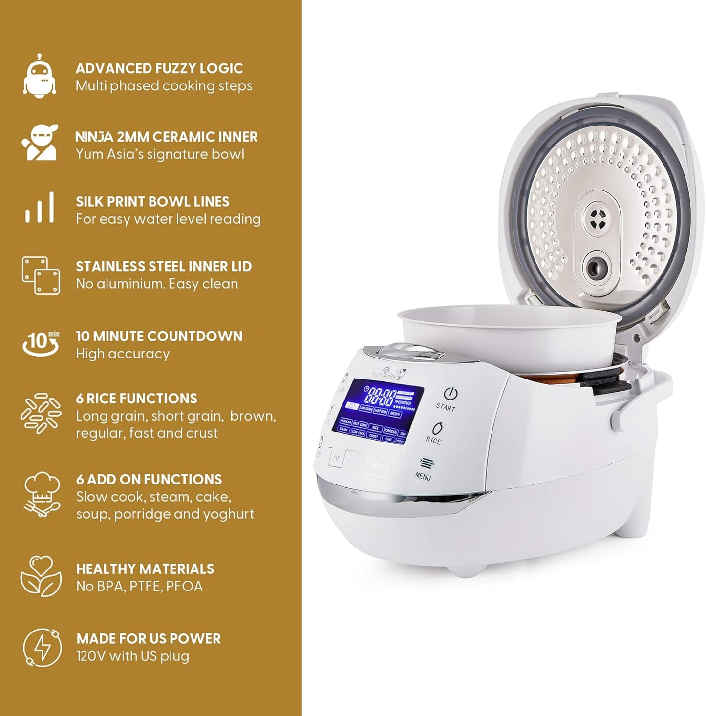 Yum Asia Sakura Rice Cooker with Ceramic Bowl and Advanced Fuzzy Logic (8 Cup, 1.5 Litre) 6 Rice Cook Functions, 6 Multicook Functions, Motouch LED Display, 120V Power (White and Siver)