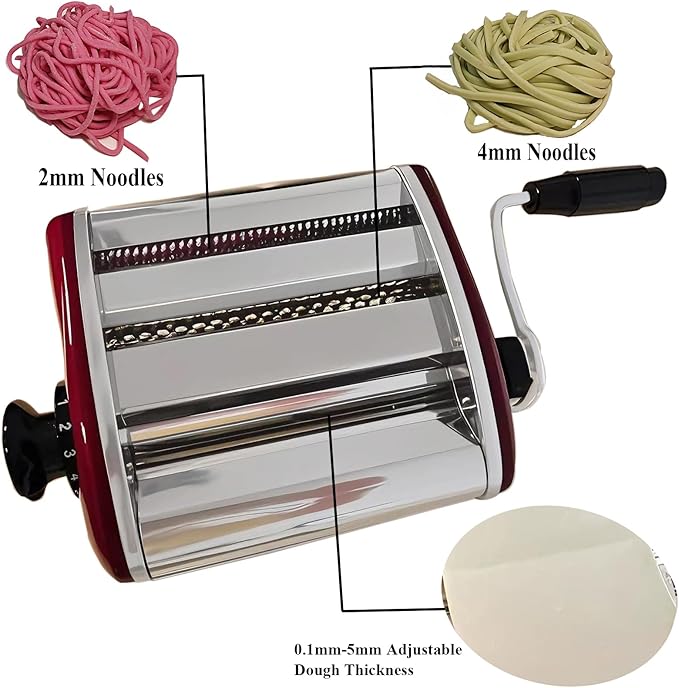 XINGYUEXUAN Manual Pasta Maker - Stainless Steel Noodle Machine with 2mm/4mm Cutters, Hand Crank for Homemade Spaghetti & Fettuccine