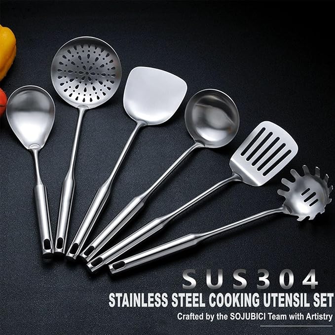 Cooking Utensils Set Stainless Steel Kitchen Metal Serving Utensils Set of 6 Pcs-Wok Spatula Ladle Set, Slotted Skimmer, Pasta Server, Serving Spoon, Slotted Spatula Tunner,Dishwasher Safe