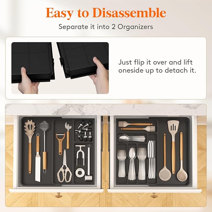 Lifewit Large Silverware Drawer Organizer, Plastic Cooking Utensil Tray for Kitchen, Expandable From 21 to 36 Inches, Adjustable Flatware Cutlery Spoon Fork Knife Spatula Gadgets Holder, Black