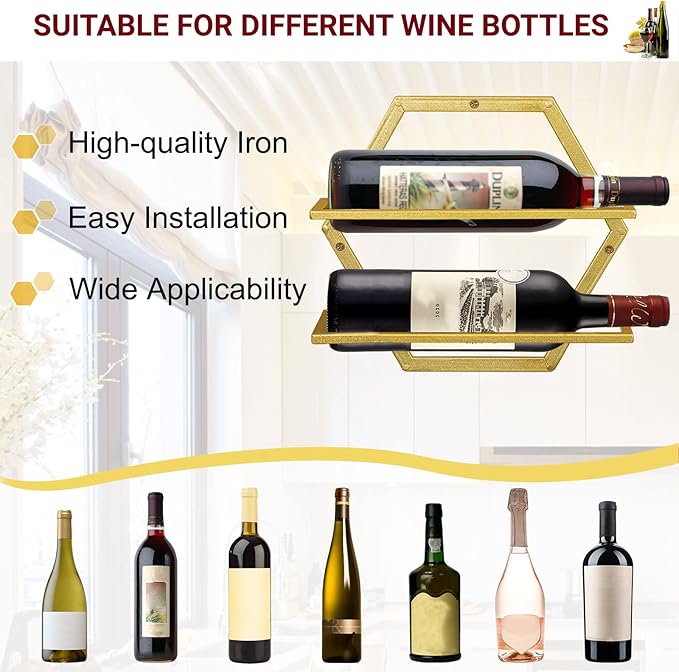 Wall Mounted Wine Bottle Rack, Gold Metal Hanging Wine Display Holder Organizer, Red Wine Racks for Home Kitchen Bar Decor Storage