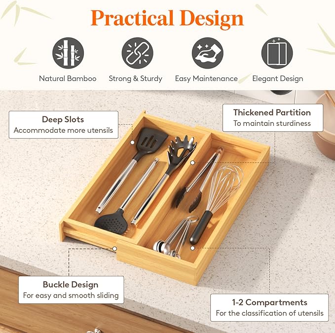 Lifewit Utensil Drawer Organizer, Expendable Cooking Silverware Tray for Kitchen Drawer, Bamboo Adjustable Cutlery Flatware Holder, Spatula Tools and Gadgets Storage Divider, 3 Compartments, Natural