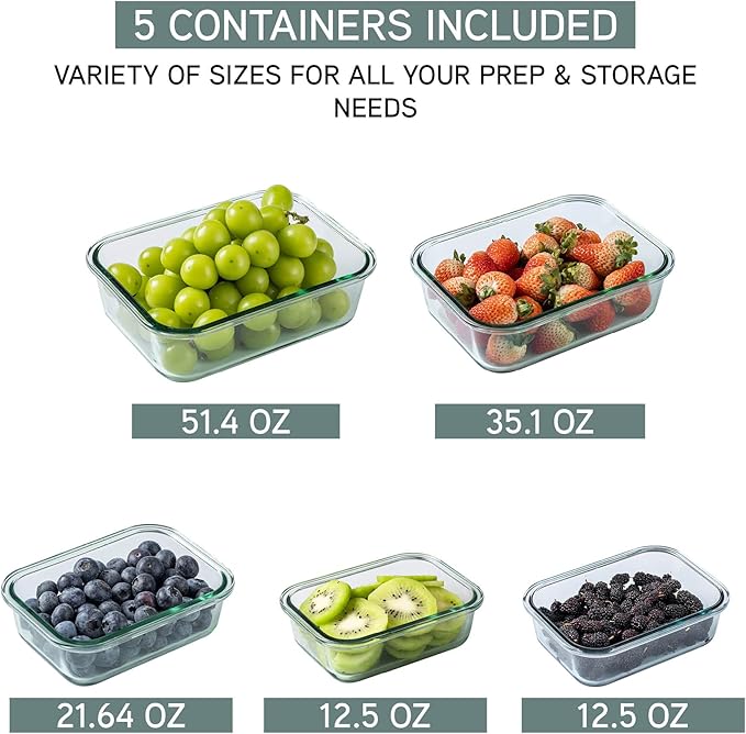 COOK WITH COLOR Premium 10-Pc. Colored Glass Food Container Set - 5 Rectangles - Leakproof Lids - Meal Prep, Storage, Teal