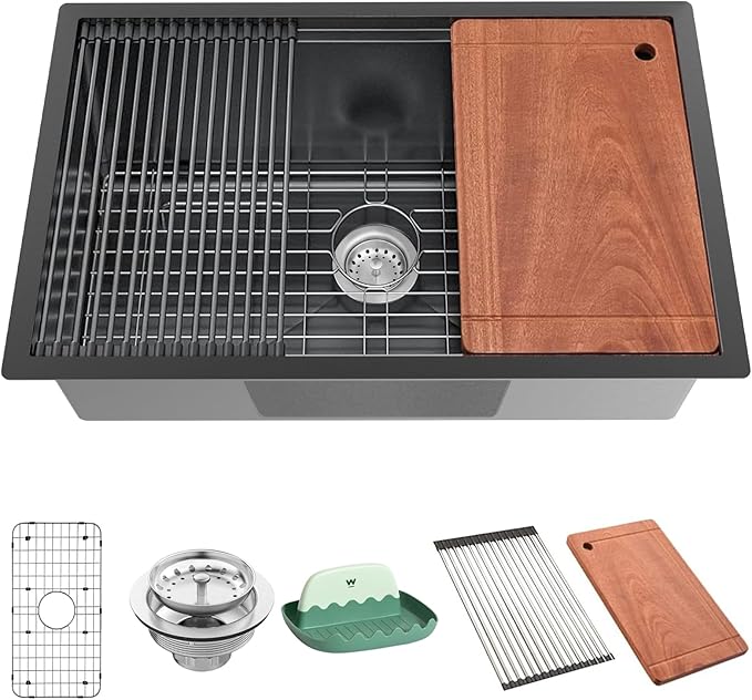 30x19 In Black Kitchen Sink Workstation - Undermount Stainless Steel Single Bowl Drop In Modern Workstation Sink Come With SS Grid,Drying Rack,Cutting Board,Utensil Rest And Drain Assembly