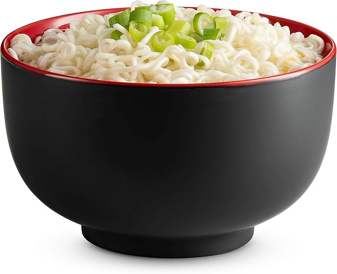 KooK Ramen Bowl, Japanese Bowls, Noodle Bowls, Large Soup Bowl, Ceramic, Large Capacity, For Ramen, Pho, Udon, Soba, Microwave and Dishwasher Safe, 34 oz, Set of 4 (Black/Red)