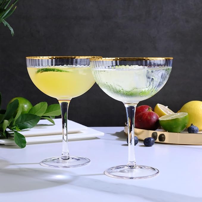 Premium Cheerfull Fluted Coupe Glasses, 10.7 oz Vintage Gold Rim, Hand-Blown Fine Glass – Elegant Barware for Cocktails, Parties & Home Entertaining (4)