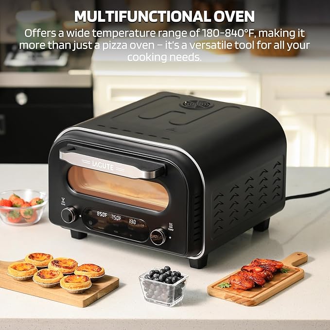 Lagute Indoor Pizza Oven, 12 Inch Electric Countertop Pizza Maker with 6 Preset Modes, 850°F High Heat in 90 Seconds, Dual Heating Components, Pizza Stone & Peel Included