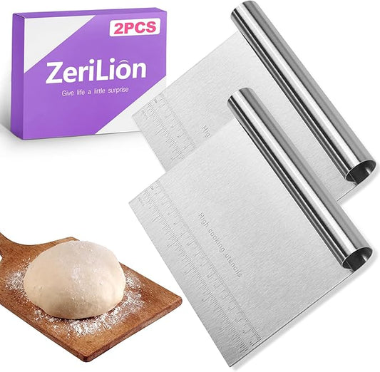 2 Pack Stainless Steel Dough Cutter Scraper Set - Bench Scraper & Pastry Knife with Measuring Marks - Bread Dough Baking Professional Kitchen Tool