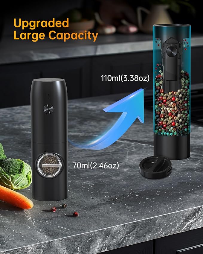 CIRCLE JOY Electric Pepper Mill Grinder, Top-Refill Rechargeable Black Pepper Grinder with Upgraded Large Capacity for Home BBQ, Adjustable Coarseness, Led Light
