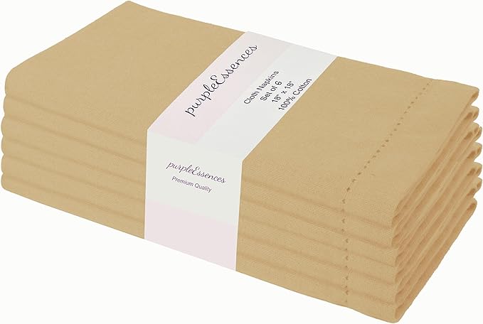 PurpleEssences Set of 6 Hemstitch Cloth Dinner Napkins 100% Cotton - Soft Durable Washable - Ideal for Wedding Christmas Holiday Winter - Perfect Everyday Use Table Linen 18x18 - Beige