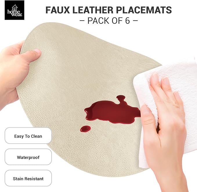 Placemats Set of 6 – Round 15” Faux Leather Table Mats for Dining, Heat Resistant & Non-Slip Washable Table Decor, Indoor, Outdoor, Dining Table Set for 6, Modern Kitchen & Holiday Use, Beige