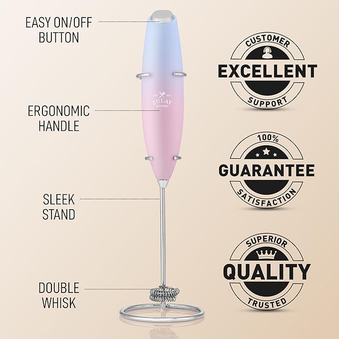 Zulay Kitchen Whisk Milk Frother with 4 Duracell Batteries - Powerful Handheld Foam Maker for Coffee, Lattes, Matcha, Hot Chocolate & Cappuccinos - Whip Creamy Froth in Seconds