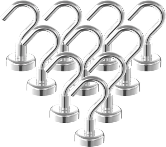 Heavy Duty Magnetic Hooks 5/8" Magnetic Base,25lbs Vertical Pull Force-10Pack Super Strong Rare Earth Magnet Hook,Strong Cruise Hook for Hanging,Magnetic Hanger for Cabins,Grill,Kitchen