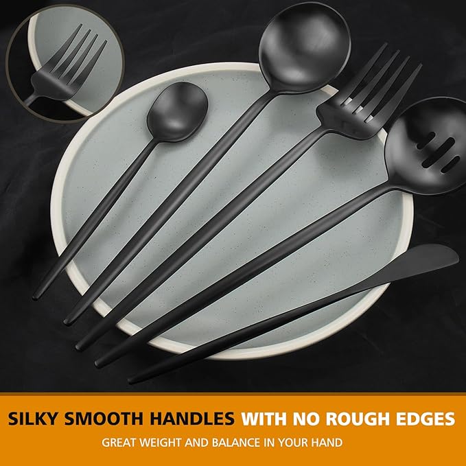 Matte Black Serving Set，Oliviola 5-Piece Stainless Steel Large Hostess Set with Round Edge, Satin Finished, Dishwasher Safe -Large Spoon, Large Fork,Butter Knife，Sugar Spoon & Slotted Spoon