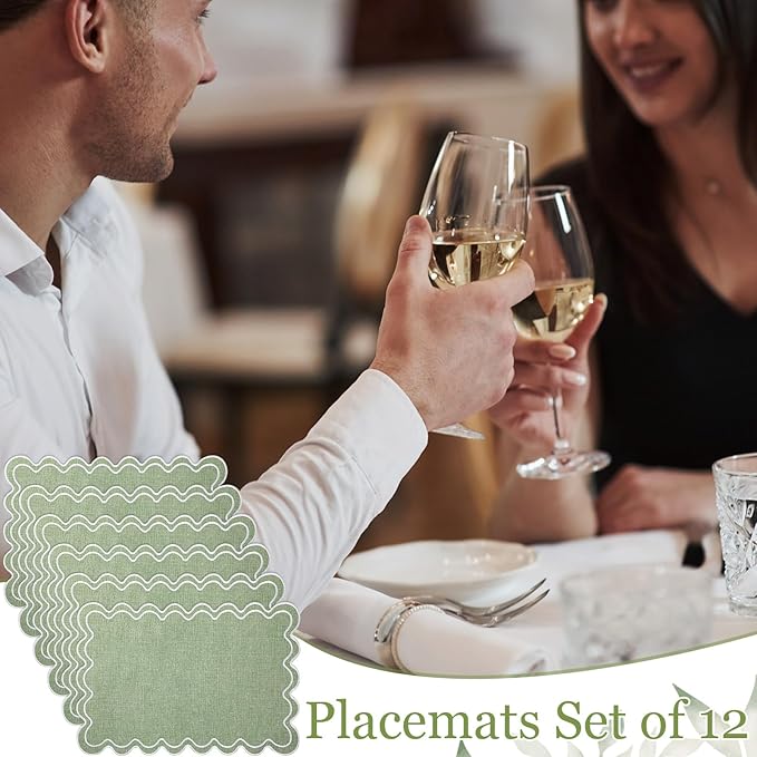 12 Set Linen Placemat 13x19 Wavy Embroidery Scalloped Placemat Double Layered Washable Farmhouse Dinner Table Mat Fabric Napkin for Christmas Hotel Restaurant Wedding Party(Sage Green)