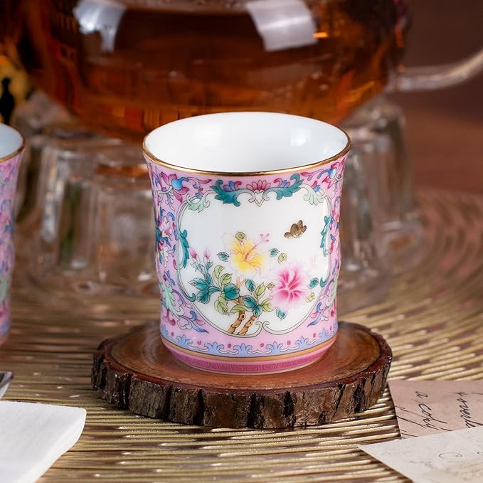 KAMMAK Tea Cups Set of 2, 3.53 Mini Ceramic & Porcelain Tea Mugs - Handleless Vintage, Non-Toxic Handcrafted Cups for Juice, Coffee, Gift(Pink + Lake Blue)