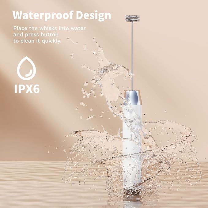 Maestri House Rechargeable Milk Frother with Stand, LunaFro Handheld Electric Foam Maker Waterproof Detachable Stainless Steel Whisk Drink Mixer Foamer for Lattes, Cappuccino