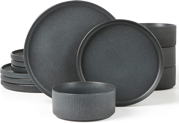 famiware Star Dinnerware Sets, Plates and Bowls Set for 4, 12 Pieces Ribbed Dishes - Chip and Scratch Resistant, Microwave and Dishwasher Safe Tableware, Matte Dark Charcoal