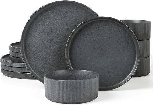 famiware Star Dinnerware Sets, Plates and Bowls Set for 4, 12 Pieces Ribbed Dishes - Chip and Scratch Resistant, Microwave and Dishwasher Safe Tableware, Matte Dark Charcoal