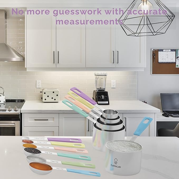 Measuring Cups and Measuring Spoons Set of 14 - Stainless Steel Measuring Cups and Spoons Set, Includes 1/8 Teaspoon Measuring Spoon, 1/8 Cup Measuring Cup, Leveler Dry (14,Cotton Candy)