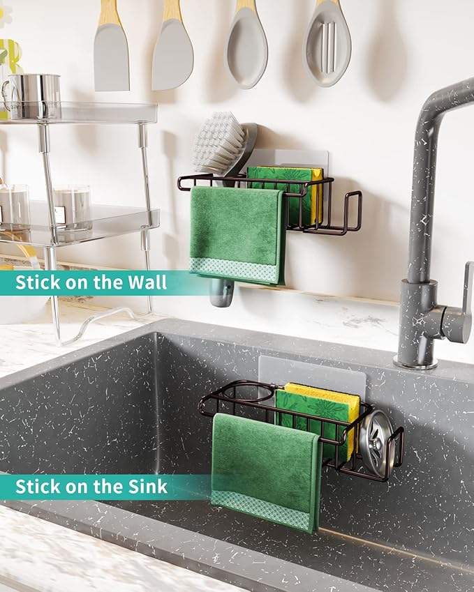 HapiRm 4 in 1 Adhesive Kitchen Sink Organizer, SUS304 Stainless Steel Brush Holder + Dish Cloth Hanger + Soap Rack + Sink Stopper Holder, No Drilling Sponge Caddy for Kitchen - Bronze