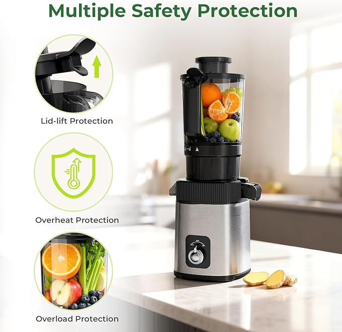 Cold Press Juicer Machine, 4.4" Wide Feed Chute, Slow Masticating Juicer for Whole Vegetables & Fruits, High Juice Yield, Easy to Clean & Assemble, One-Touch Knob Control