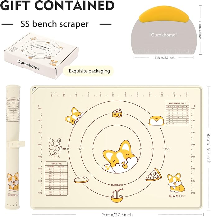 Ourokhome Silicone Baking Mat Sheet and Pastry Dough Cutter, 0.5 Inch Thick 28" X 20" BPA free Silicone Rolling Mat, Non-Stick and Anti-Slip, Dishwasher Safe (Beige)