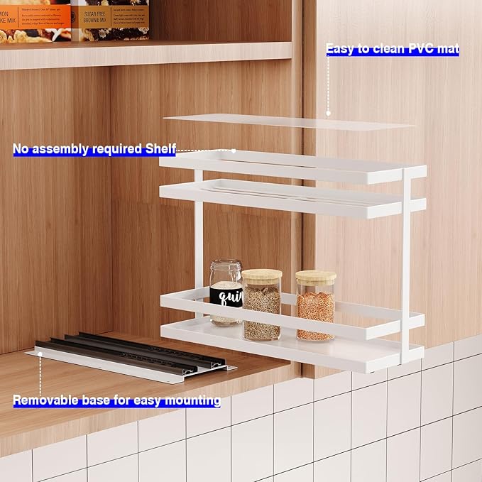 4 Pack Pull Out Spice Rack Organizer for Cabinet, 2 Tier Metal Slide Out Seasoning Organizer and Storage Heavy Duty Vertical Spice Rack Shelf Pullout for Kitchen Cabinets No Drilling (White)