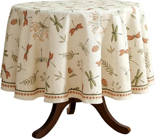 French Tablecloth for Round Tables,Linen Table Cloth with Flowers and Red and Green Dragonflies Pattern,Heavy Durable Table Cover for Dining Kitchen Decor Party Christmas,Diameter 55"