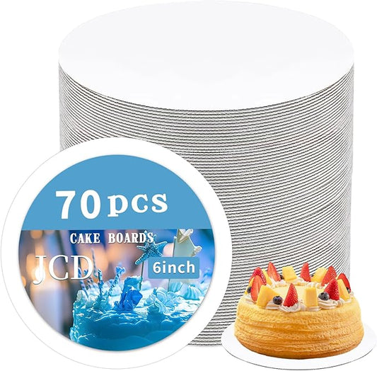 JCD 70 Packs White Cake Boards 6 inch Round,Food-graded Corrugated Cardboard Cake Rounds,Waterproof and Oil-proof Cake Plate for Cake DIY,Dessert and Crafts Display (White, 6inch/70Pcs)