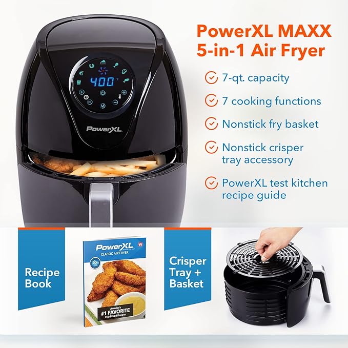 PowerXL Air Fryer 7 QT Maxx Classic, Extra Hot Air Fry, Cook, Crisp, Broil, Roast, Bake, High Gloss Finish, Nonstick, Black