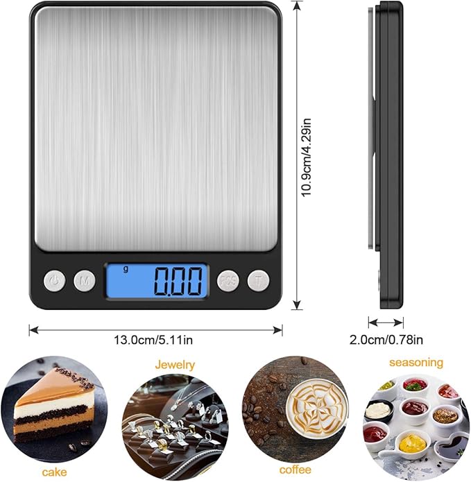 Diyife Digital Kitchen Scale 500g/0.01g, High Precision Cooking Food Scale, Mini Gram Scale with LCD Display, 2 Trays, 6 Units, Auto Off, Tare Function, Christmas Gift (Batteries Included) (Black)