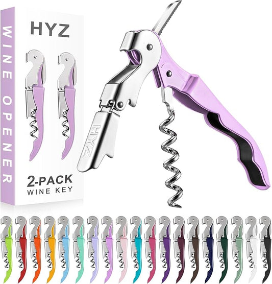 HYZ 2-Pack Wine Opener Waiter Corkscrew, Professional Wine Key for Servers, Bartender with Foil Cutter, Manual Wine Bottle Opener Double Hinged (Light Purple)