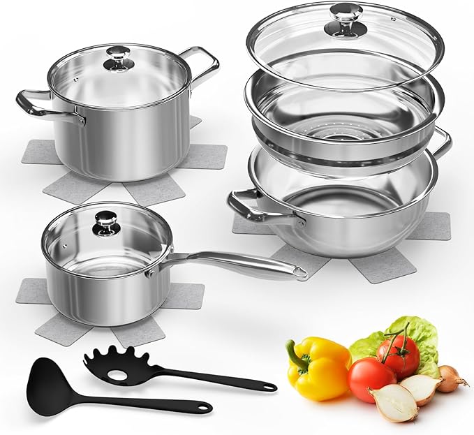 Pots and Pans Set,12-Piece Stainless Steel Cookware Set, Induction Ready Kitchen Cooking Set, Includes Saucepans, Stockpot, Steamer & Strainer Basket, Glass Lids, Dishwasher & Oven Safe